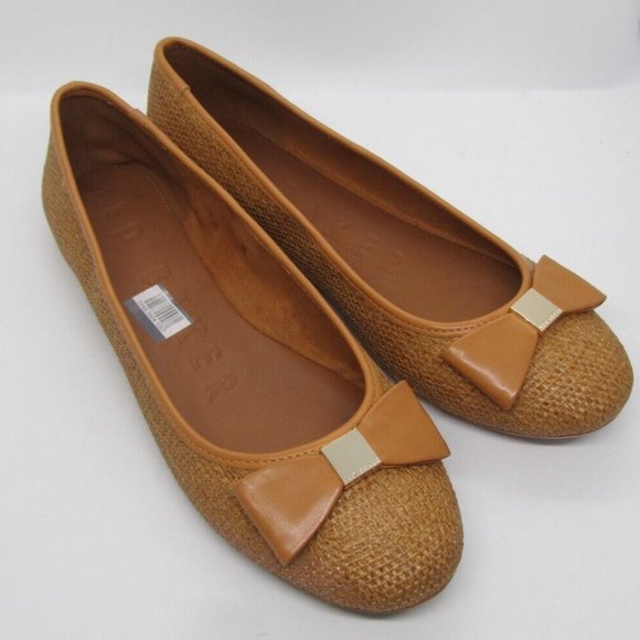 -Ted Baker Natural Raffia Tan Sualli Flats with Bow Size 6.5 /EU 37 New!! - Picture 1 of 12